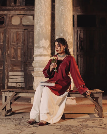 Maroon Summer Short Kurta Set with Off-White Flared Pant