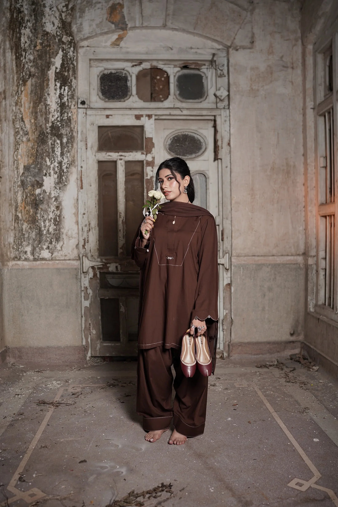Chocolate Brown Short Shirt with Farshi Shalwar