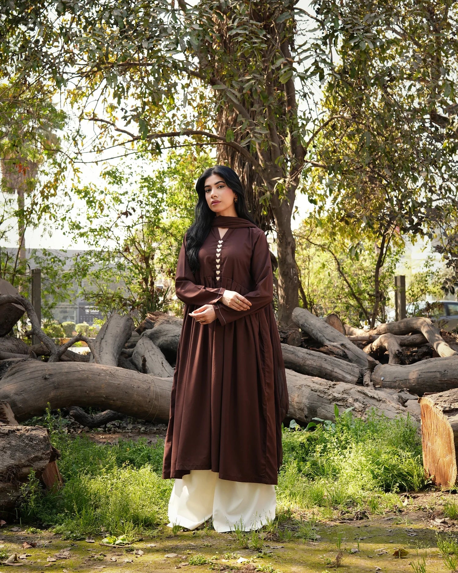 Cocoa Heart Set | Elegant Long Frock with White Flared Pant | Rehwar