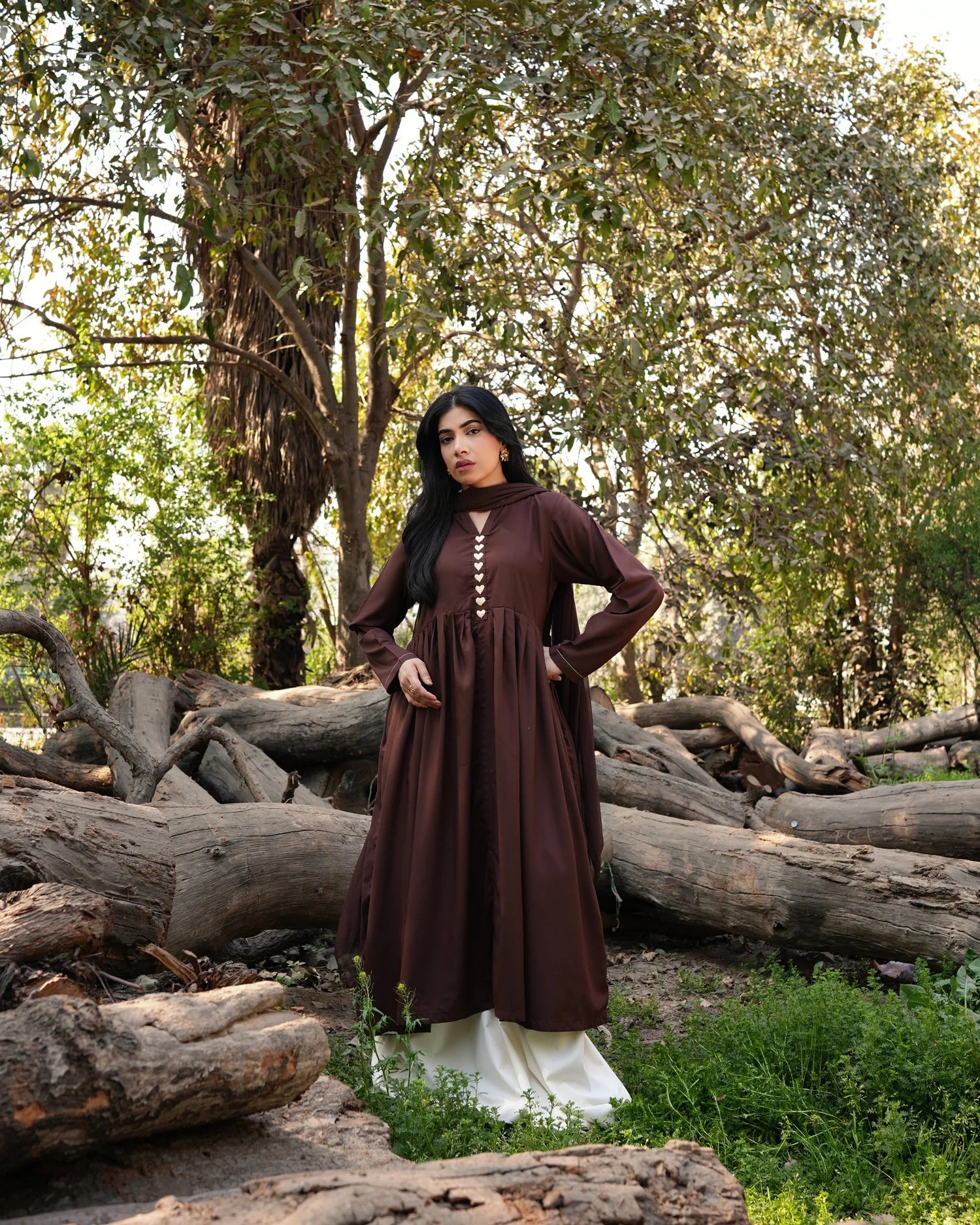 Cocoa Heart Set | Elegant Long Frock with White Flared Pant | Rehwar
