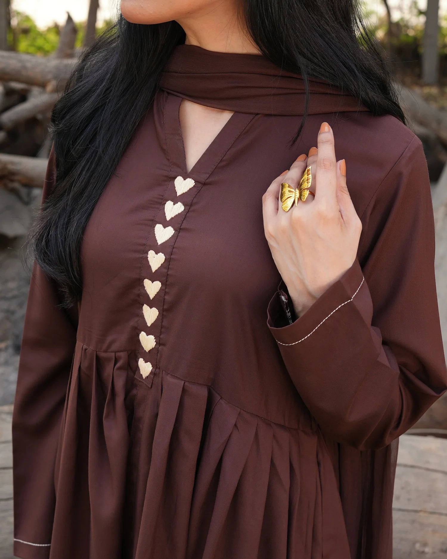 Cocoa Heart Set | Elegant Long Frock with White Flared Pant | Rehwar