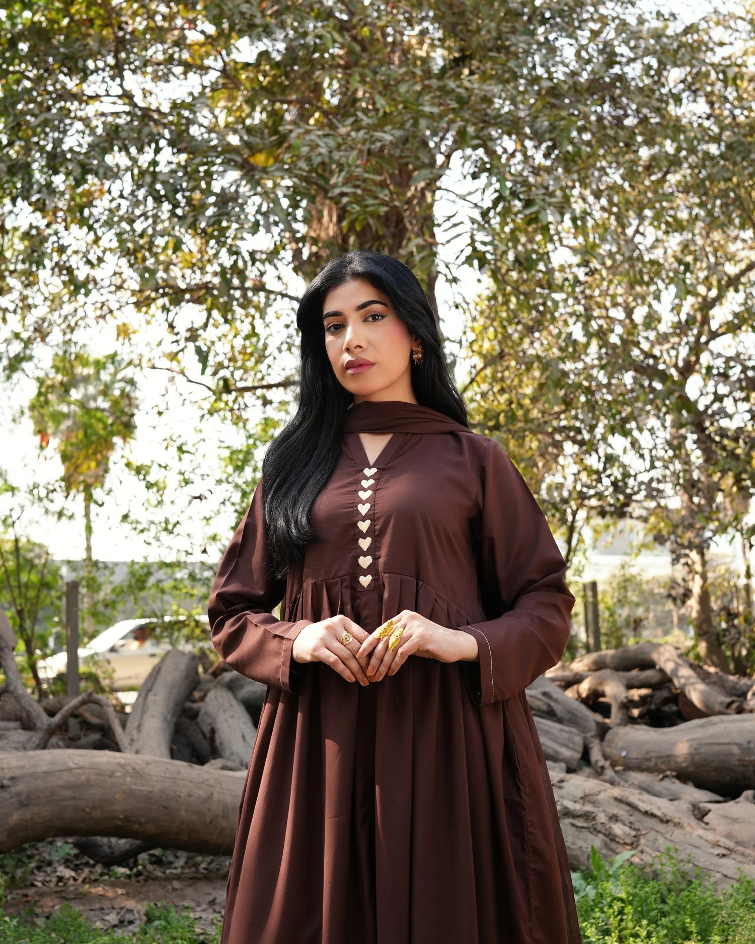 Cocoa Heart Set | Elegant Long Frock with White Flared Pant | Rehwar