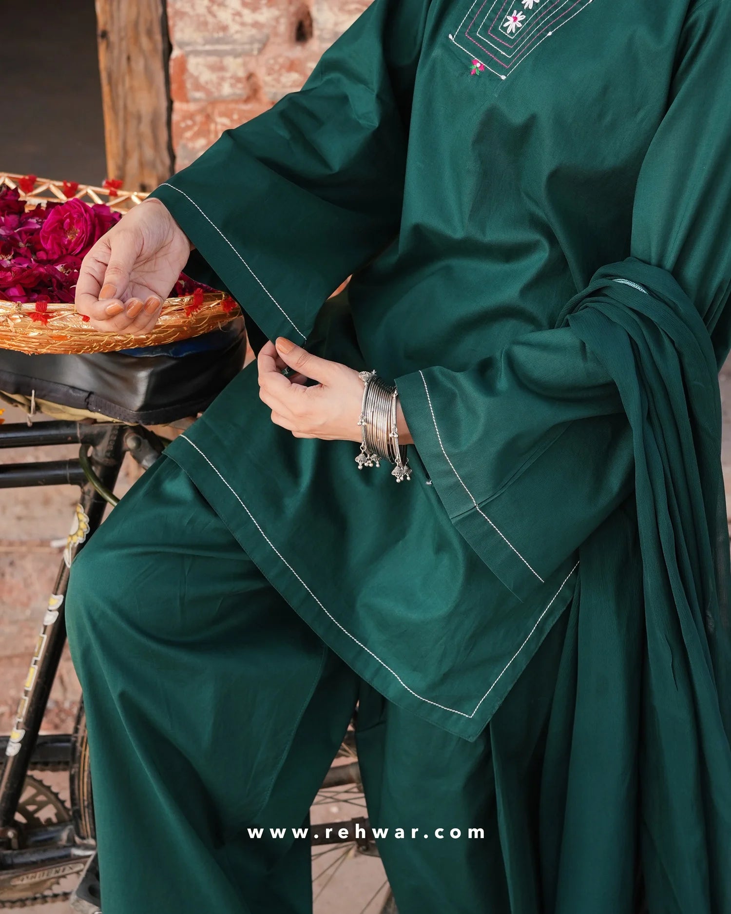 Green Farshi Set | Elegant Cotton Short Shirt with Farshi Shalwar by Rehwar