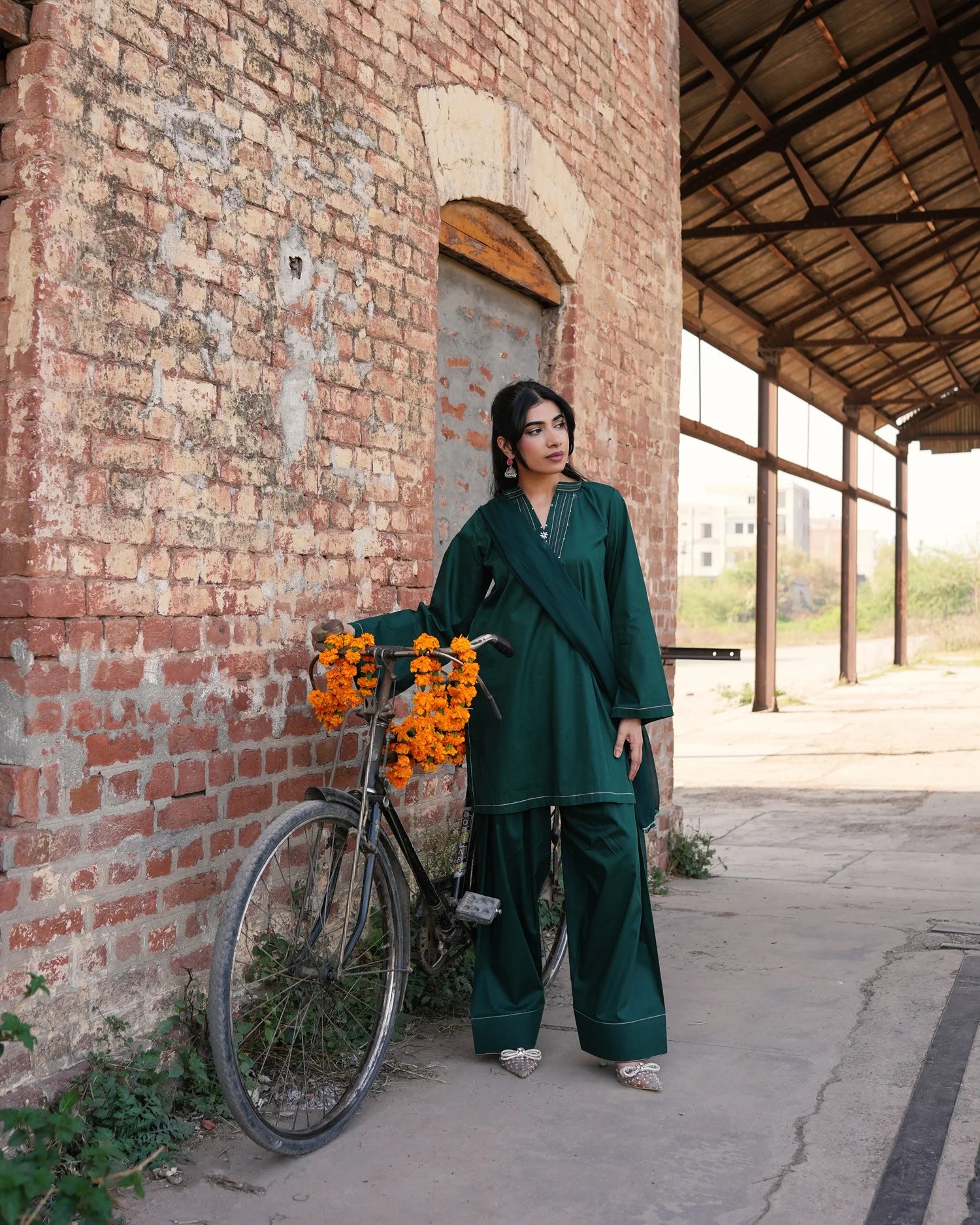 Green Farshi Set | Elegant Cotton Short Shirt with Farshi Shalwar by Rehwar