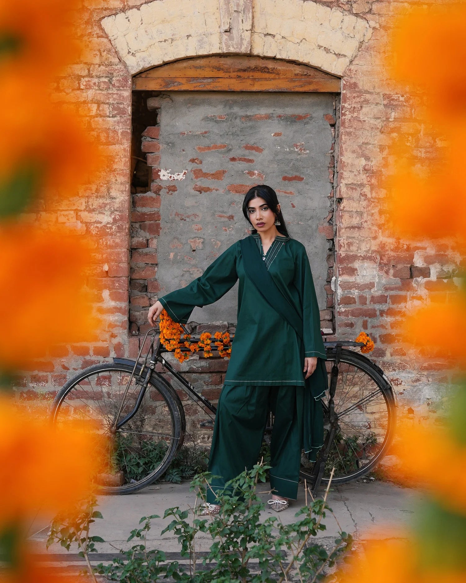 Green Farshi Set | Elegant Cotton Short Shirt with Farshi Shalwar by Rehwar