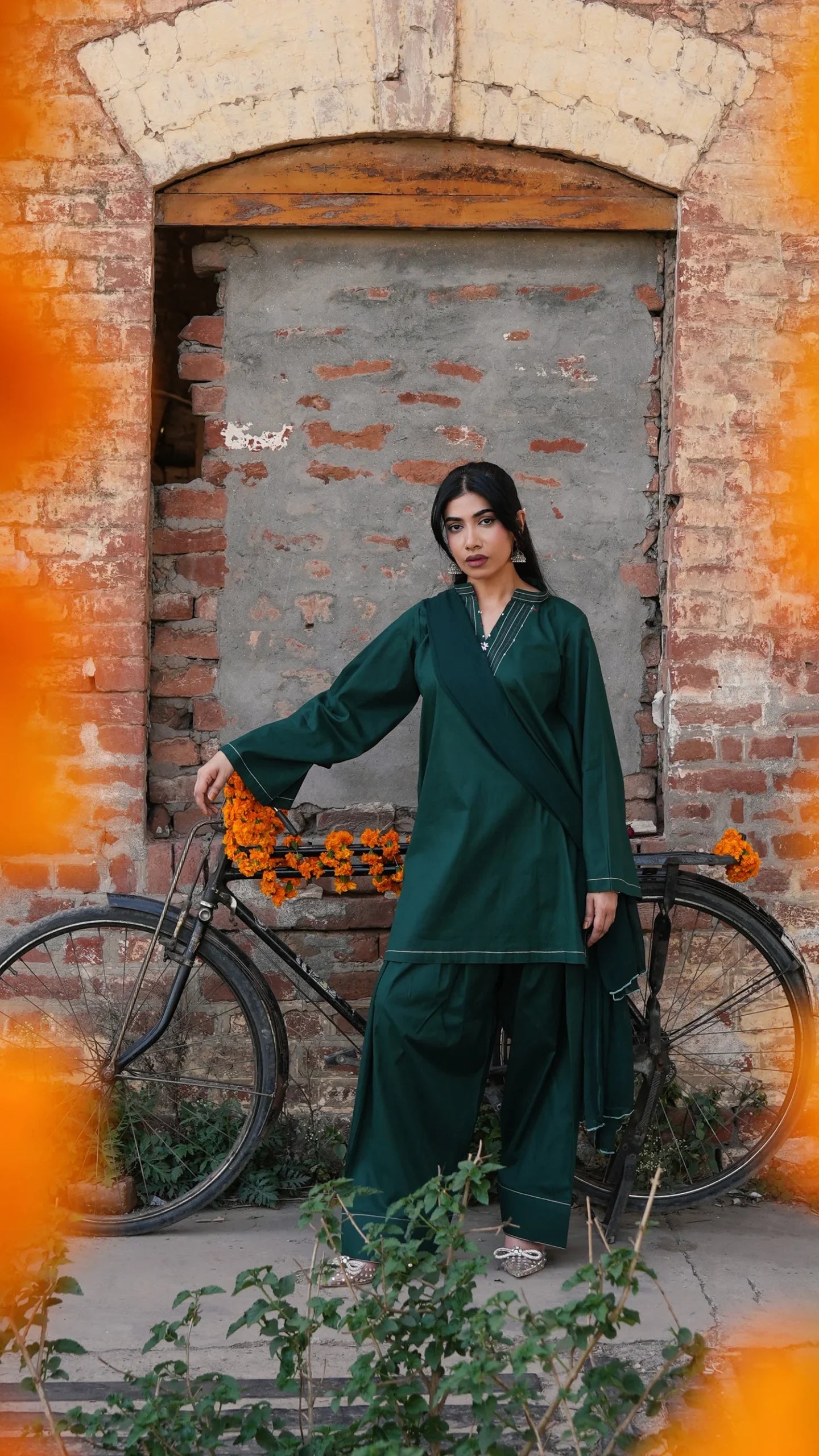 Green Farshi Set | Elegant Cotton Short Shirt with Farshi Shalwar by Rehwar