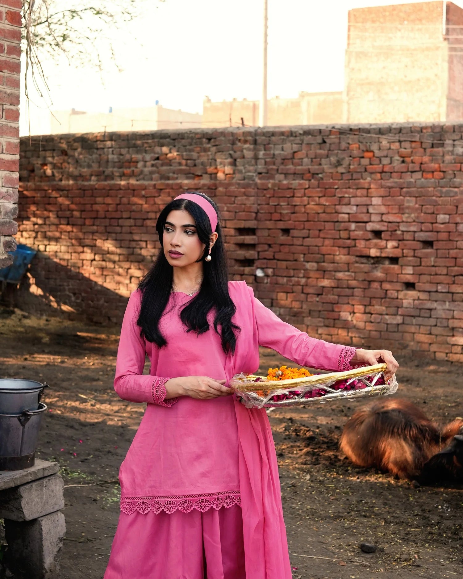 Tea Pink Cotton Short Shirt Set with Flared Palazzo