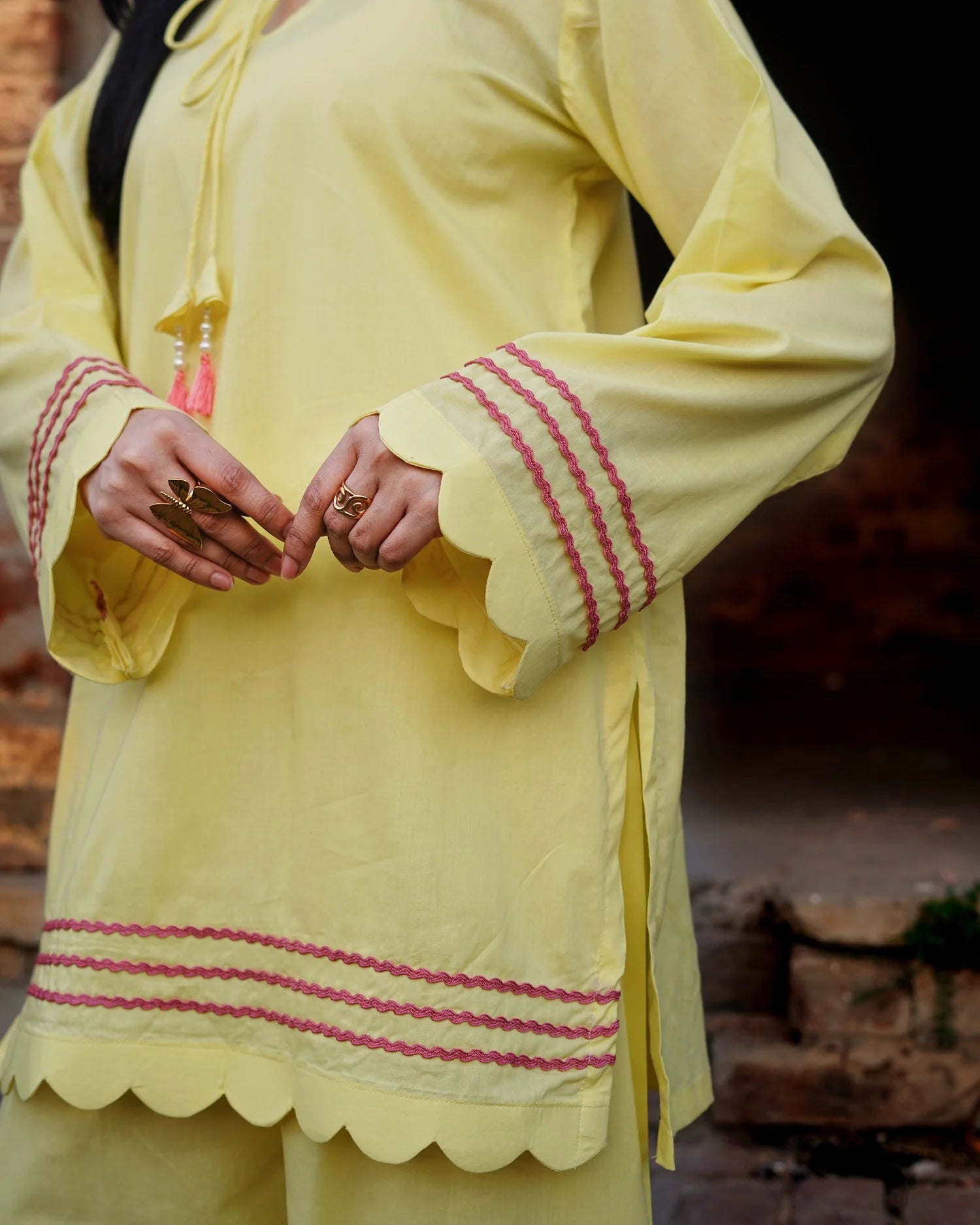 Lemon Yellow 2PC Set Elegant Summer Outfit with Embroidered Details | Rehwar