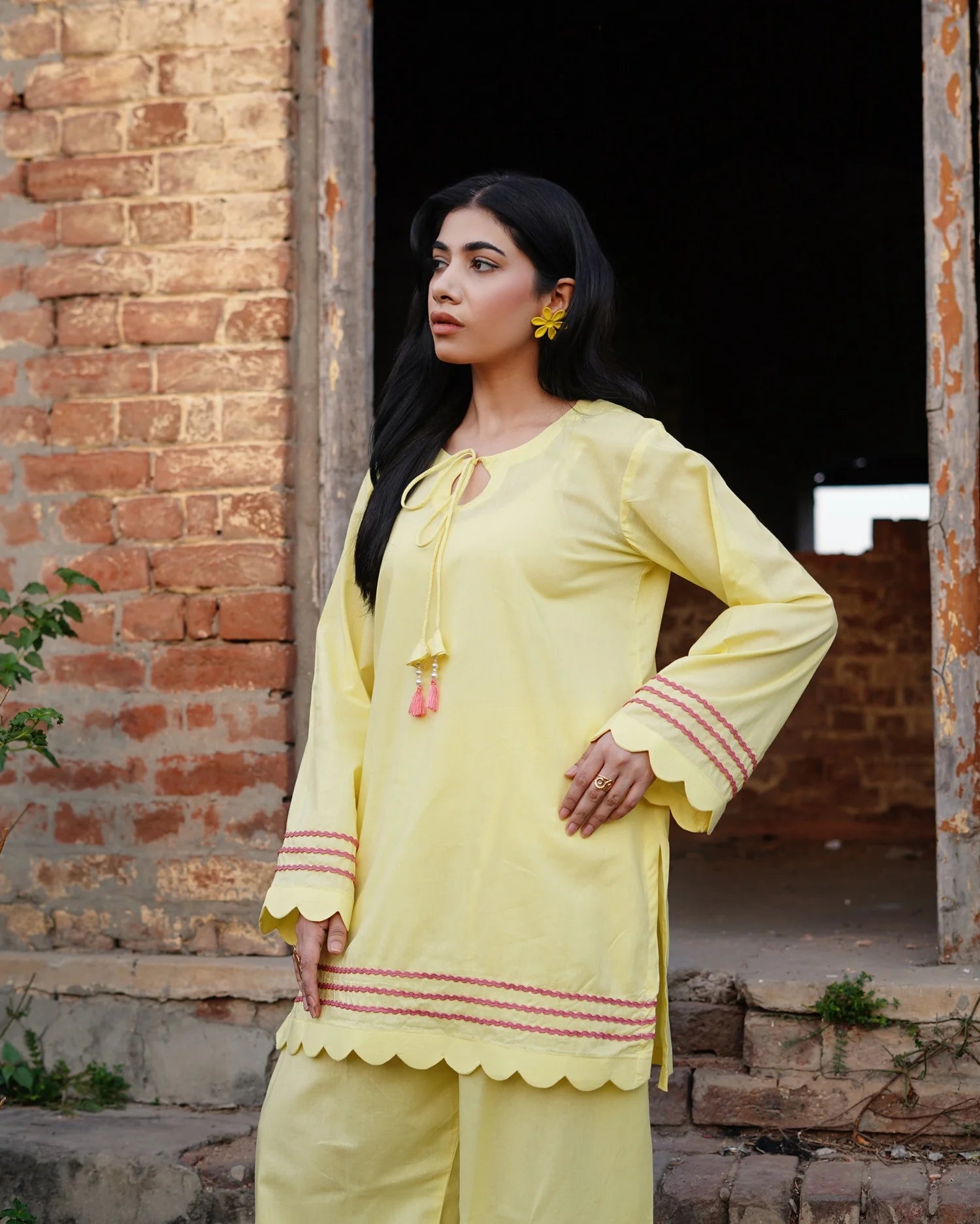 Lemon Yellow 2PC Set Elegant Summer Outfit with Embroidered Details | Rehwar
