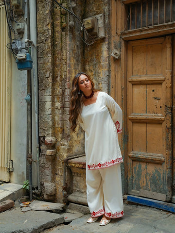 Motia Butter Cream Embroidered Short Shirt with Flared Pant | Rehwar
