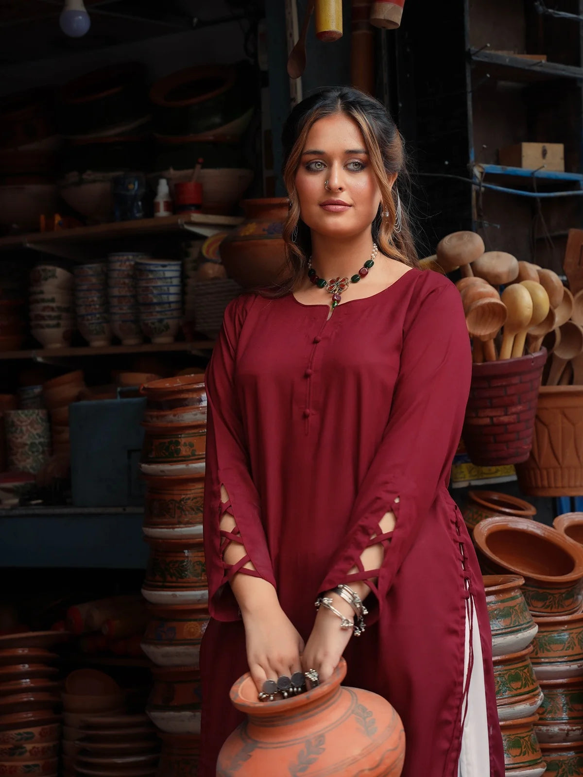 Mehroon Long Shirt with Off White Flared Palazzo | Premium Wash & Wear 2 Piece Suit Rehwar
