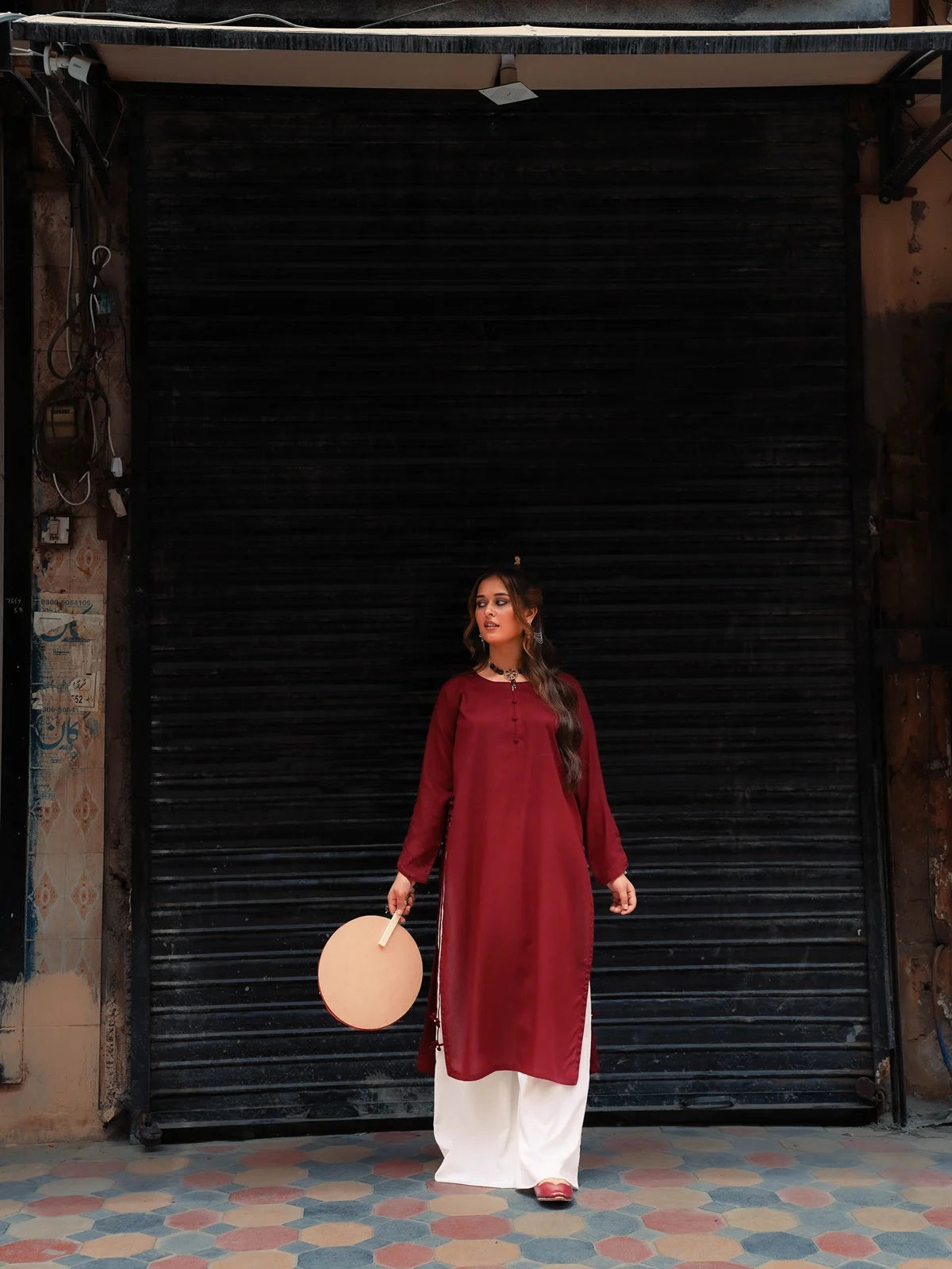 Mehroon Long Shirt with Off White Flared Palazzo | Premium Wash & Wear 2 Piece Suit Rehwar