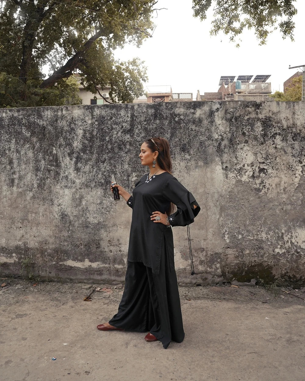 SIYAAH Black Embroidered Short Shirt & Flared Palazzo Set | Premium Wash & Wear