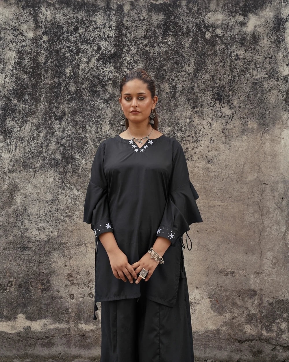 SIYAAH Black Embroidered Short Shirt & Flared Palazzo Set | Premium Wash & Wear