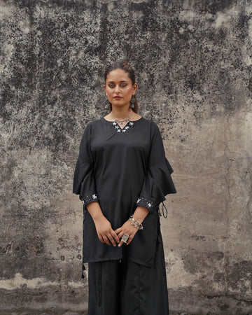 SIYAAH Black Embroidered Short Shirt & Flared Palazzo Set | Premium Wash & Wear