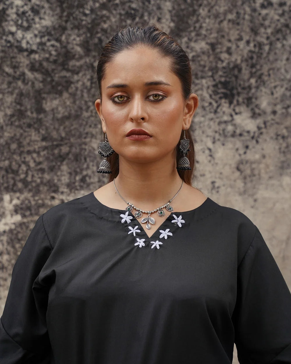 SIYAAH Black Embroidered Short Shirt & Flared Palazzo Set | Premium Wash & Wear
