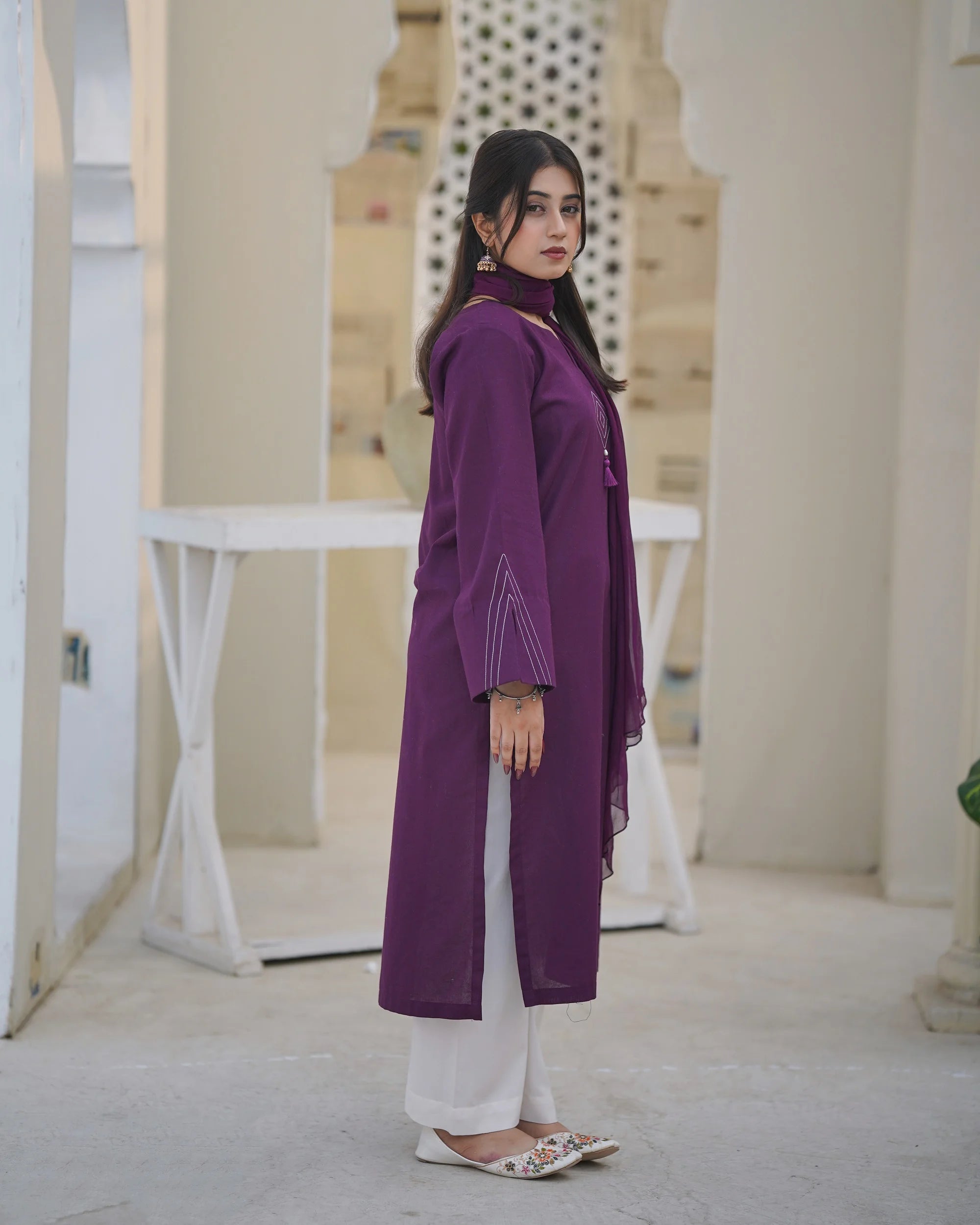 Plum Khaddar Embroidered Suit with Straight Pants