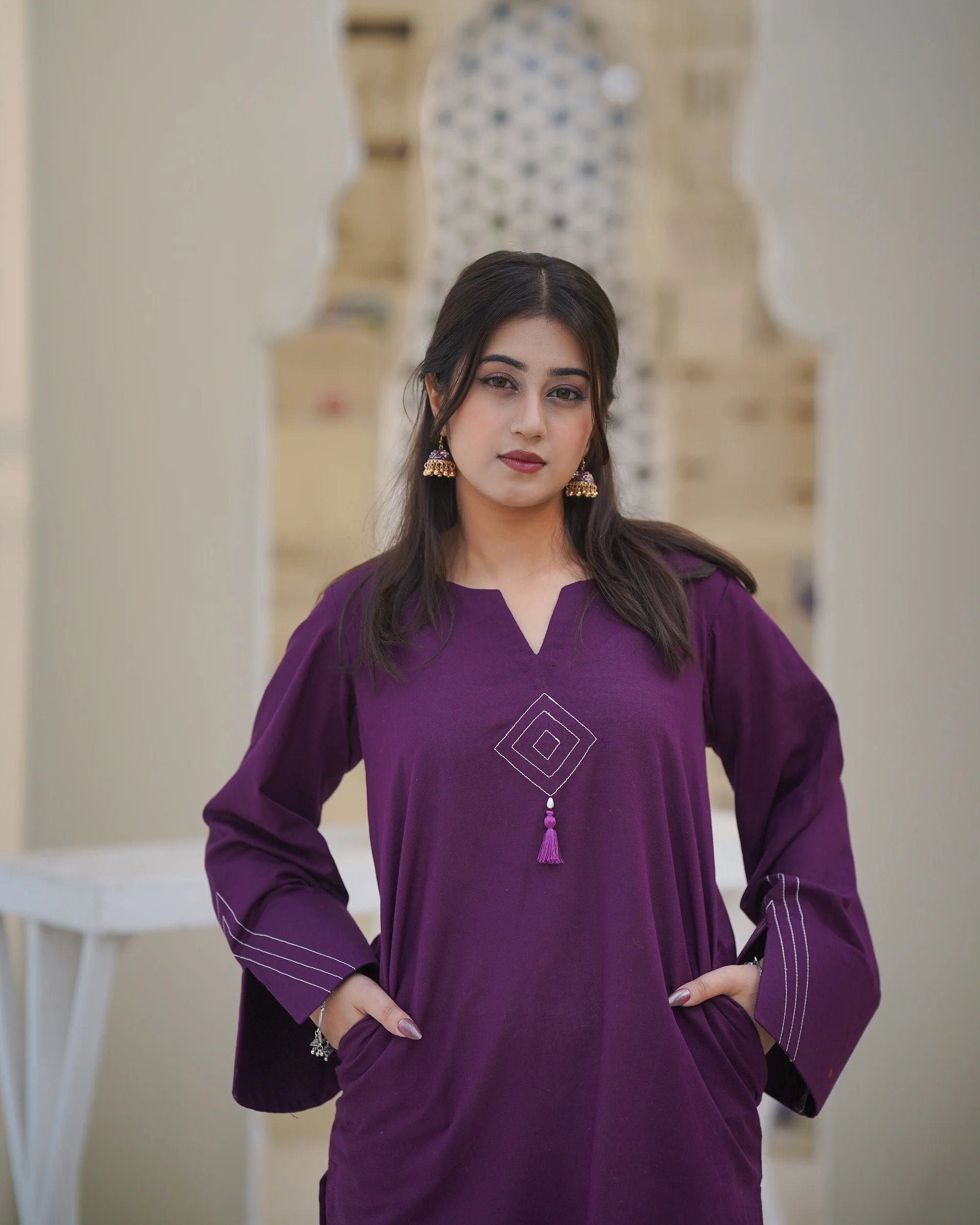 Plum Khaddar Embroidered Suit with Straight Pants
