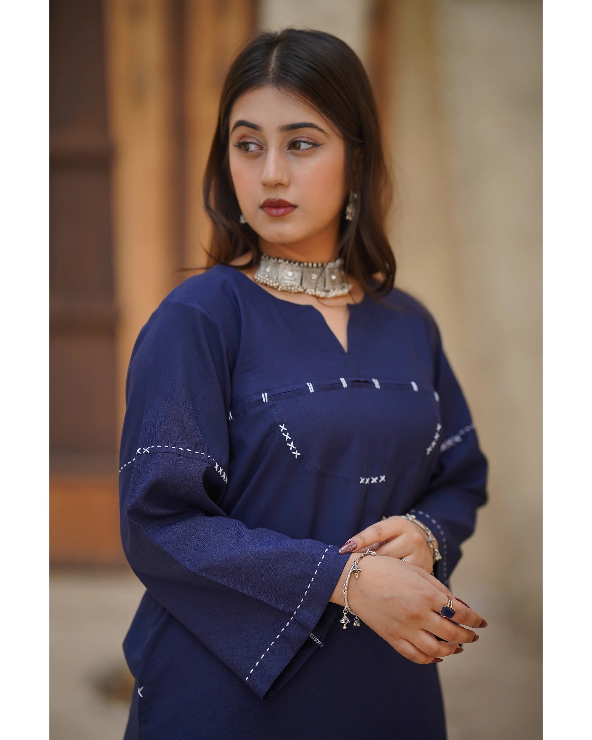 Navy Blue Dhanak Embroidered Long Shirt with Flared Pants