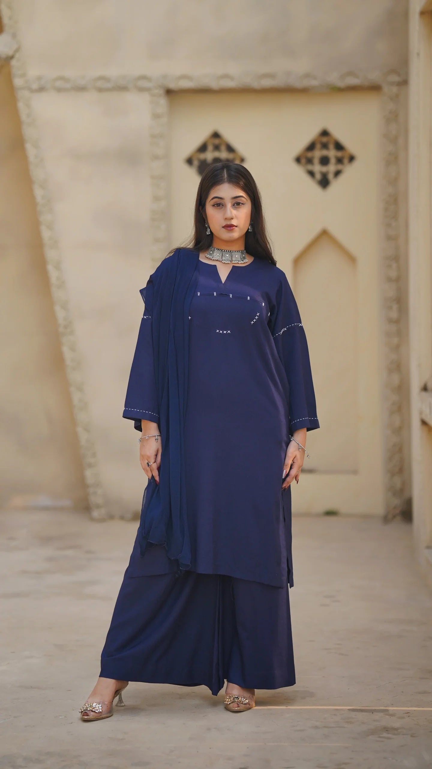 Navy Blue Dhanak Embroidered Long Shirt with Flared Pants