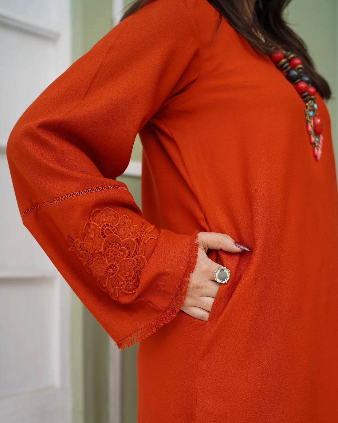 Rust Long Kurta with Cream Flared Palazzo