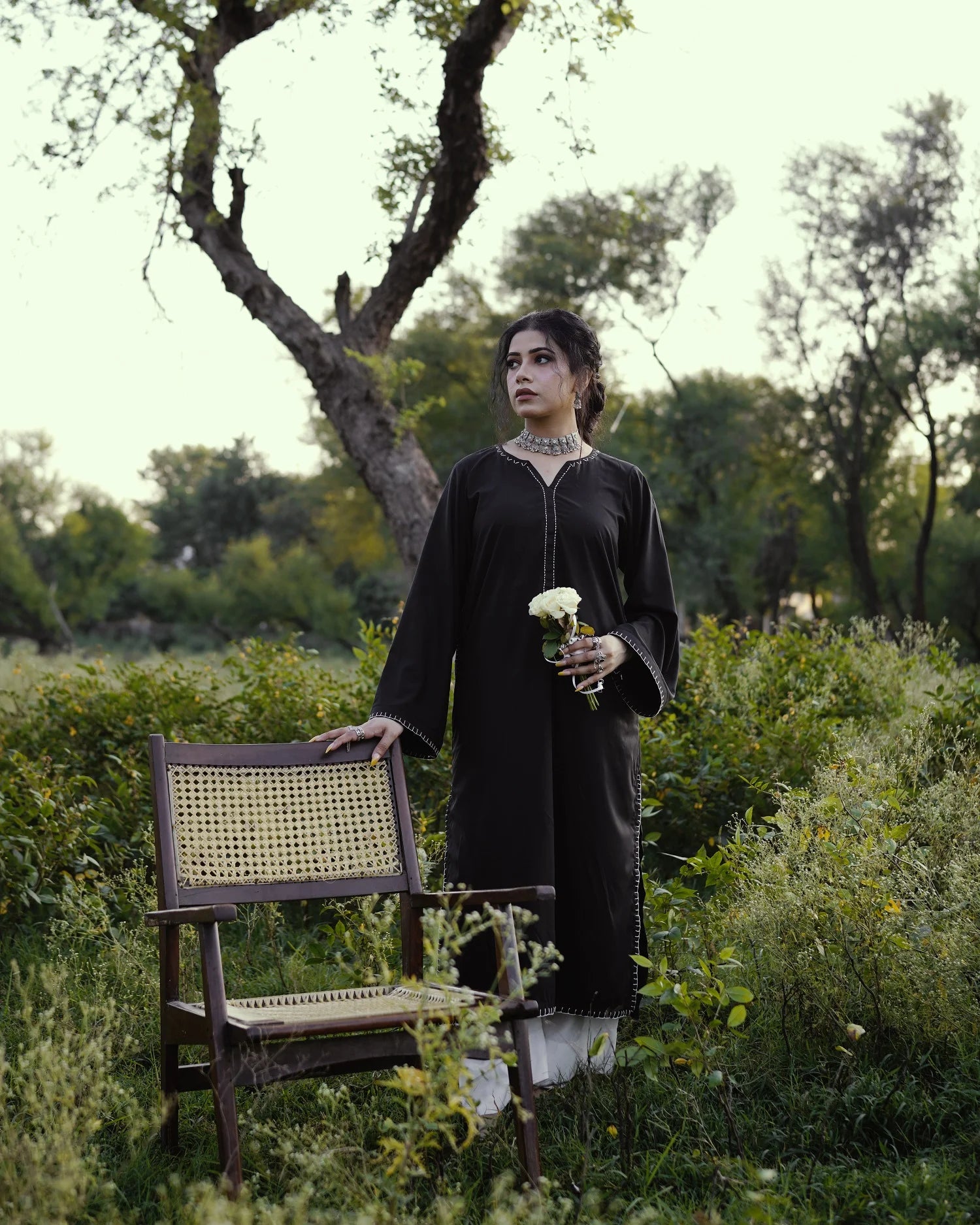 Black Hand-Embroidered Kurta Set with Off-White Bottom