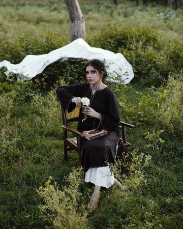 Black Hand-Embroidered Kurta Set with Off-White Bottom