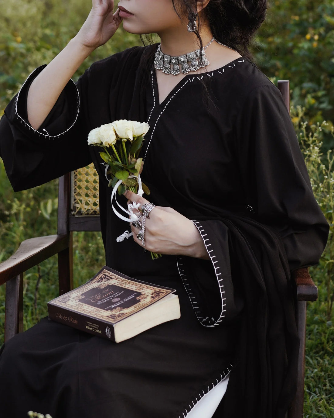Black Hand-Embroidered Kurta Set with Off-White Bottom