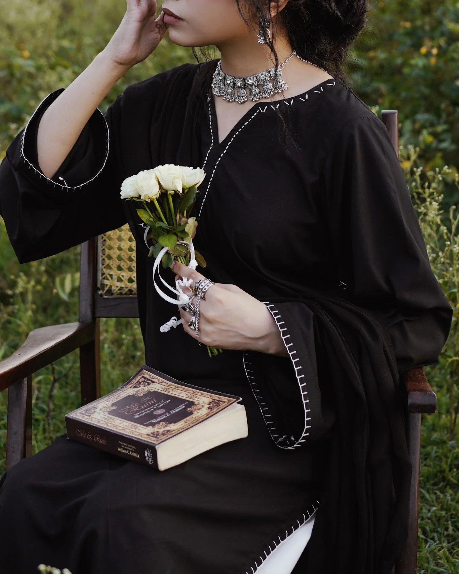 Black Hand-Embroidered Kurta Set with Off-White Bottom