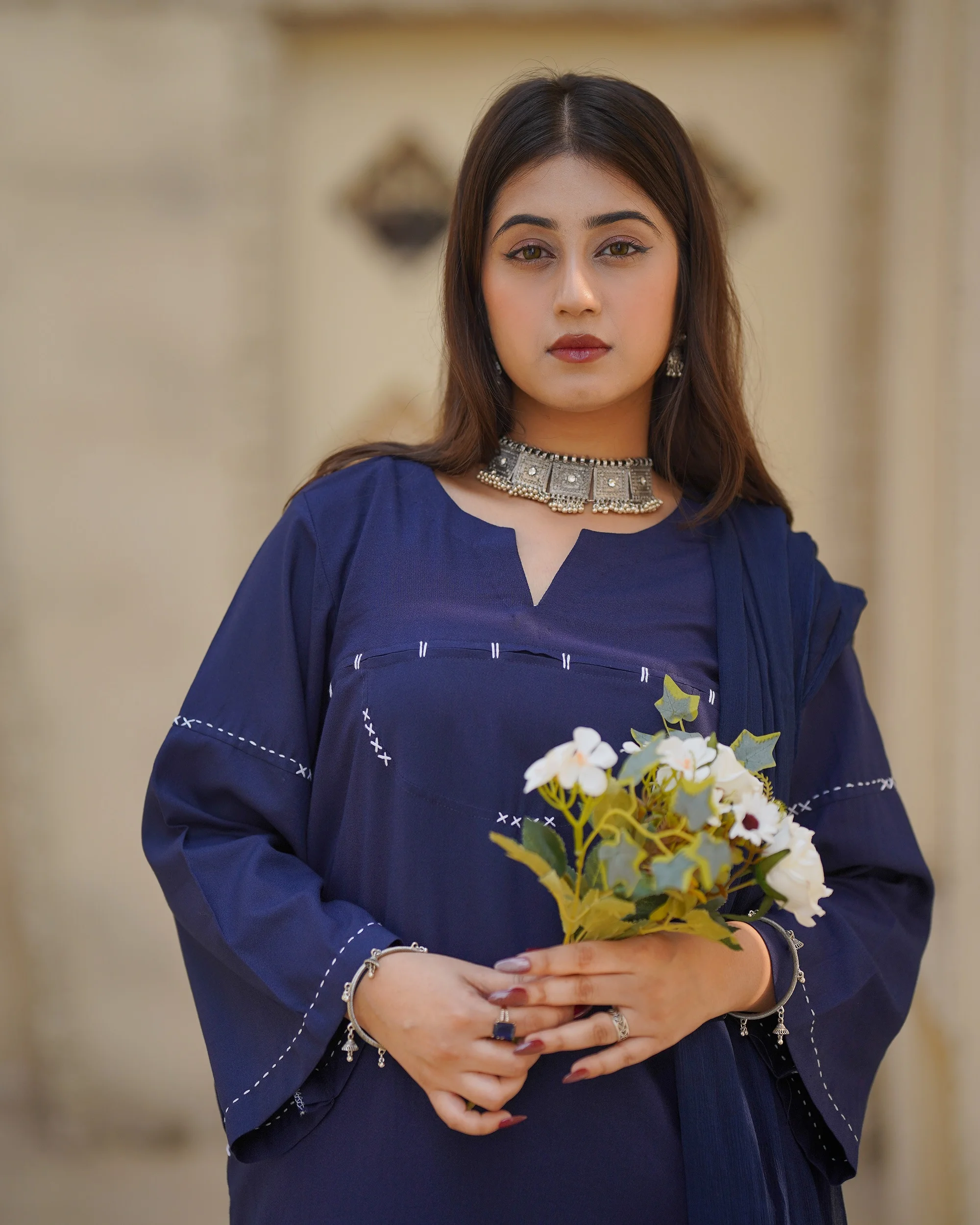 Navy Blue Dhanak Embroidered Long Shirt with Flared Pants