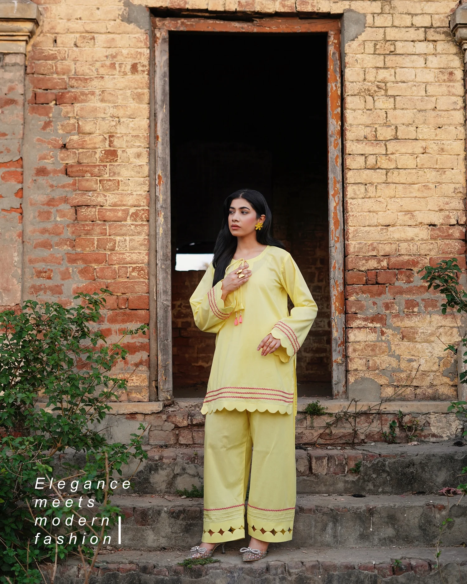 Lemon Yellow 2PC Set Elegant Summer Outfit with Embroidered Details | Rehwar